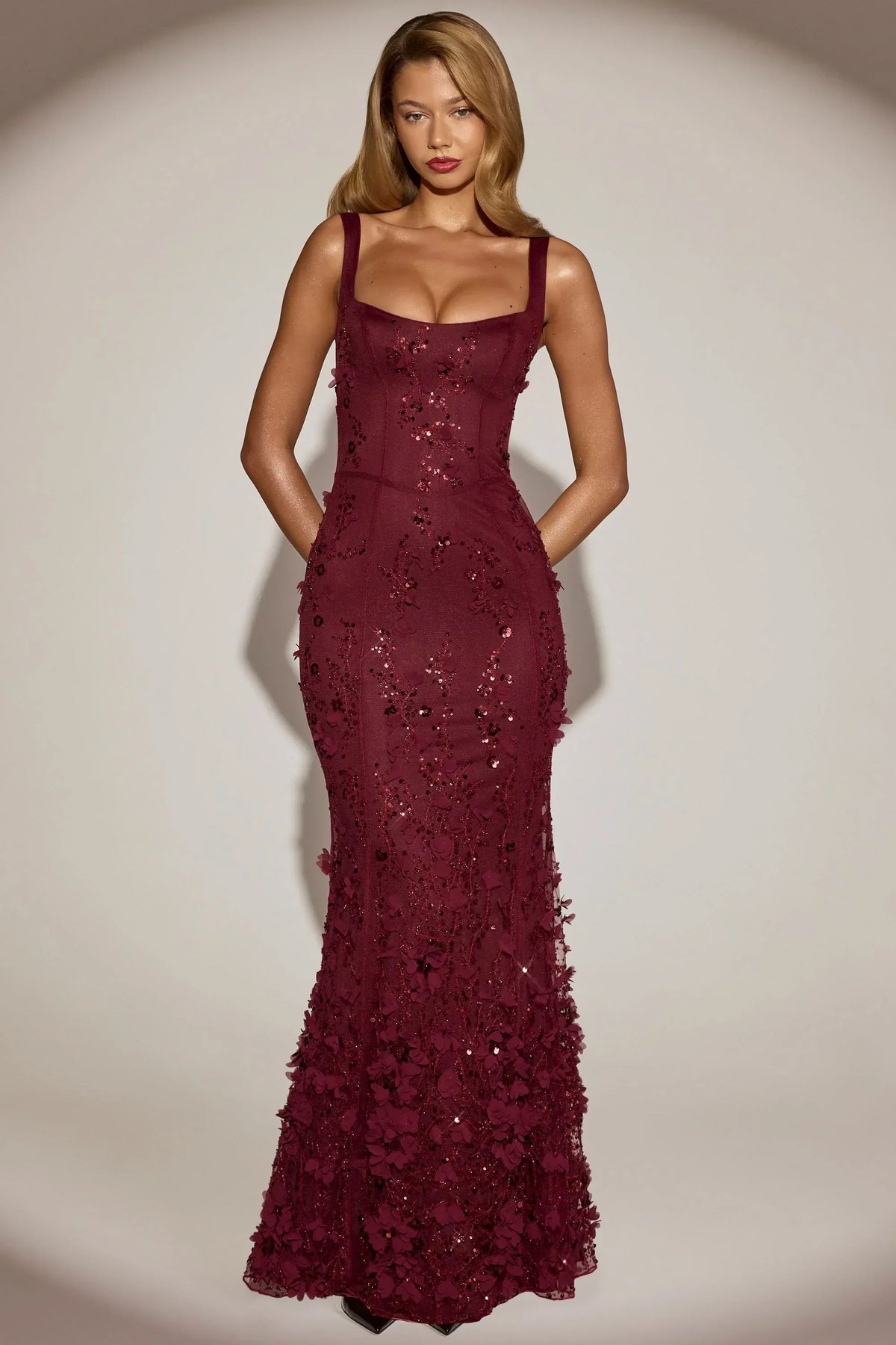 Embellished Fishtail Corset Gown in Wine Red