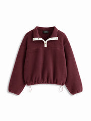 Fleece Collar Drawstring Button Long Sleeve Sweatshirt