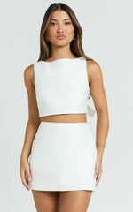 Sia Two Piece Set - Tie Back Boat Neck Crop Top And Mini Skirt Set In White