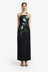 Ava Halterneck Appliqué Floral Bustier Maxi Dress - Vine Print in Ebony