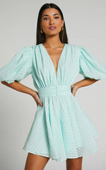 Xandy Mini Dress - Textured Puff Sleeve Plunge Dress in Mint