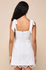 Lovable Aesthetic White Embroidered Tie-Strap Mini Dress