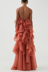 Caysie Halter Floral Ruffle Layered Maxi Dress - Orange