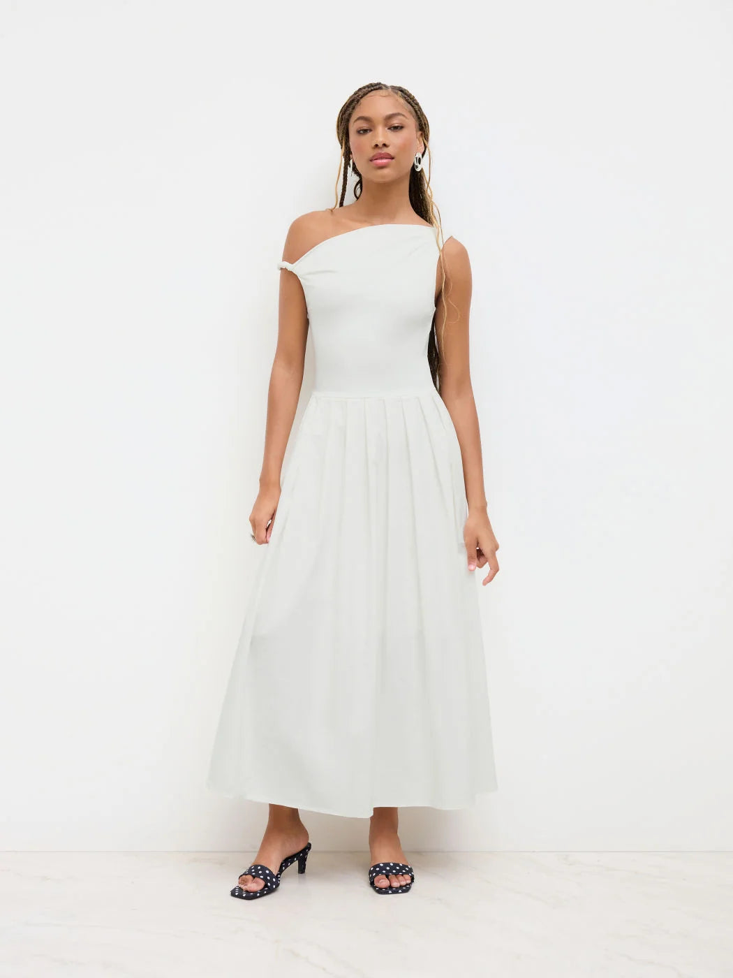 Cotton-blend Asymmetrical Neck Ruched Twist Pleated Maxi Dress