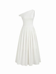 Cotton-blend Asymmetrical Neck Ruched Twist Pleated Maxi Dress