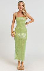 Sierra Midi Dress - Sequin Square Neck Bodycon Dress in Green