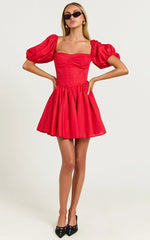 Souza Mini Dress - Fit and Flare Puff Sleeve Corset Dress in Red
