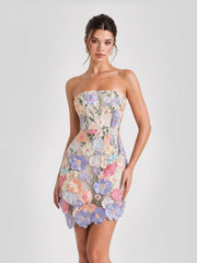3D Floral Applique Strapless Mesh Mini Dress