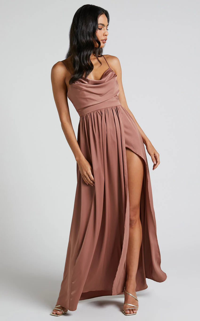 Gemalyn Maxi Dress - Cowl Neck Thigh Split Dress in Dusty Rose