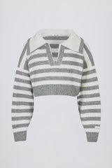 Soft Knit Layered Collar Cropped Jumper in Grey Stripe