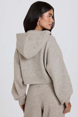 Soft Knit Zip-Up Cropped Hoodie in Beige