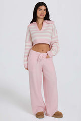 Knit Mid-Rise Wide-Leg Joggers in Soft Pink