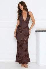 Lime Light Mesh Halter Maxi Dress Brown