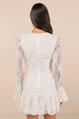 Darling Era Ivory Lace Applique Long Sleeve Ruffled Mini Dress