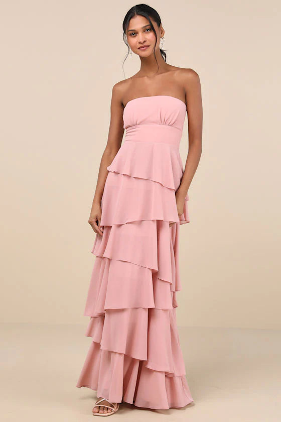 Gorgeous Essence Blush Strapless Tiered Maxi Dress