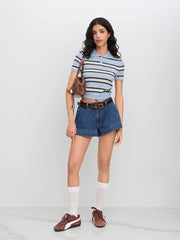 Knit Polo Collar Stripe Short Sleeve Top