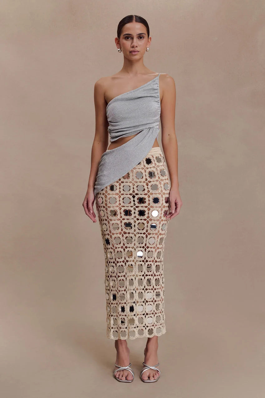 Noel Mirror Knit Midi Skirt - Beige