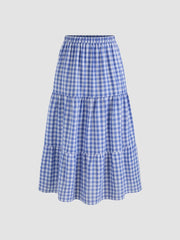 Woven High Rise Gingham Tiered Midi Skirt