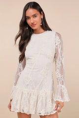 Darling Era Ivory Lace Applique Long Sleeve Ruffled Mini Dress