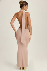 Scarf-Detail Cut-Out Halterneck Maxi Dress in Warm Peach