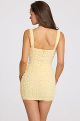 Embellished Square-Neck Mini Dress in Butter Yellow